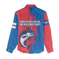 Faroe Islands Women Casual Shirt with Viking Fish Illustration Red Blue Runic Design - Wonder Print Shop