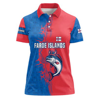 Faroe Islands Women Polo Shirt with Viking Fish Illustration Red Blue Runic Design - Wonder Print Shop