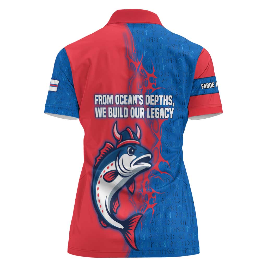 Faroe Islands Women Polo Shirt with Viking Fish Illustration Red Blue Runic Design - Wonder Print Shop