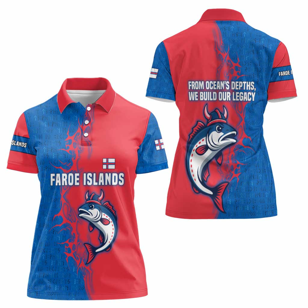 Faroe Islands Women Polo Shirt with Viking Fish Illustration Red Blue Runic Design - Wonder Print Shop