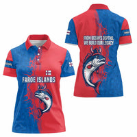 Faroe Islands Women Polo Shirt with Viking Fish Illustration Red Blue Runic Design - Wonder Print Shop
