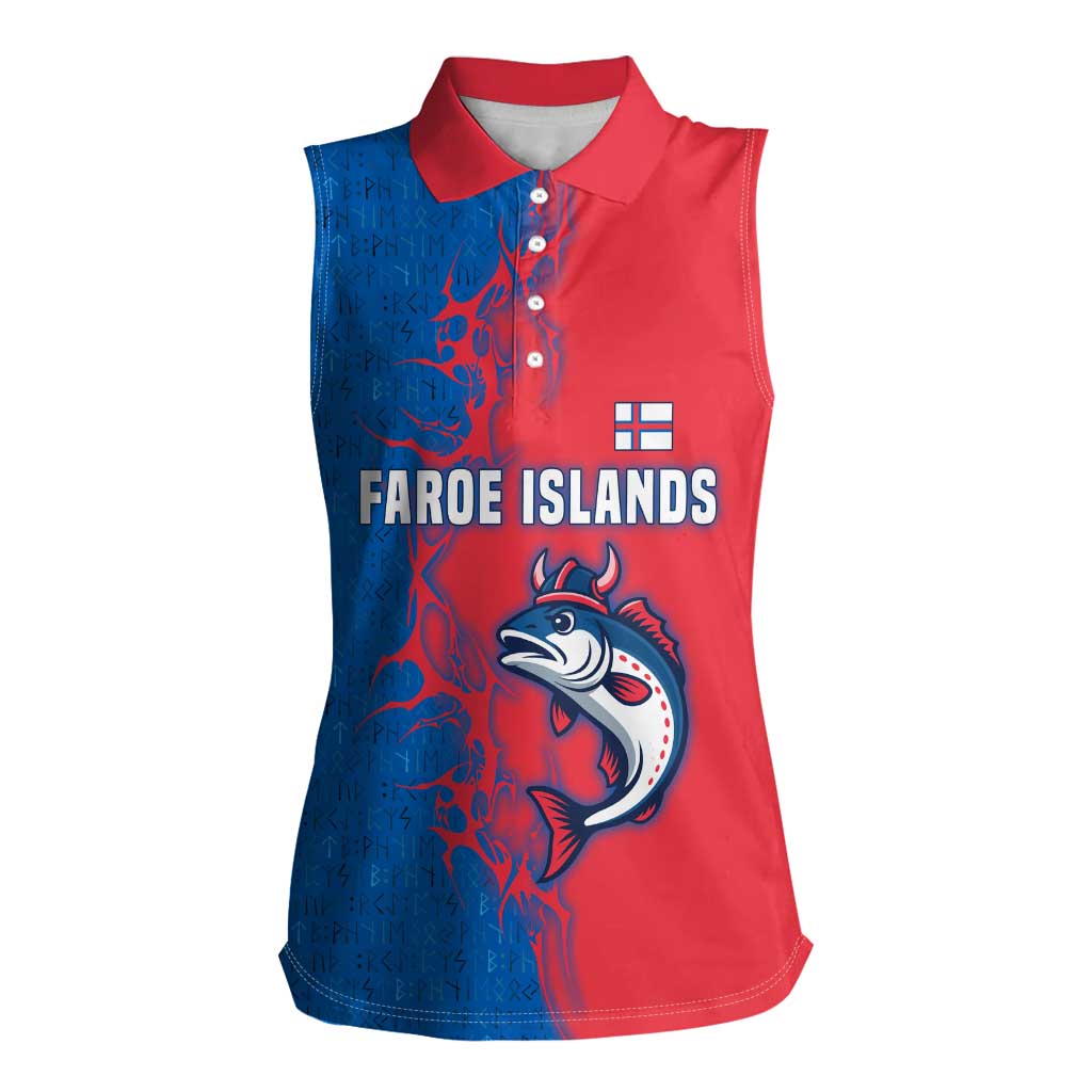 Faroe Islands Women Sleeveless Polo Shirt with Viking Fish Illustration Red Blue Runic Design - Wonder Print Shop