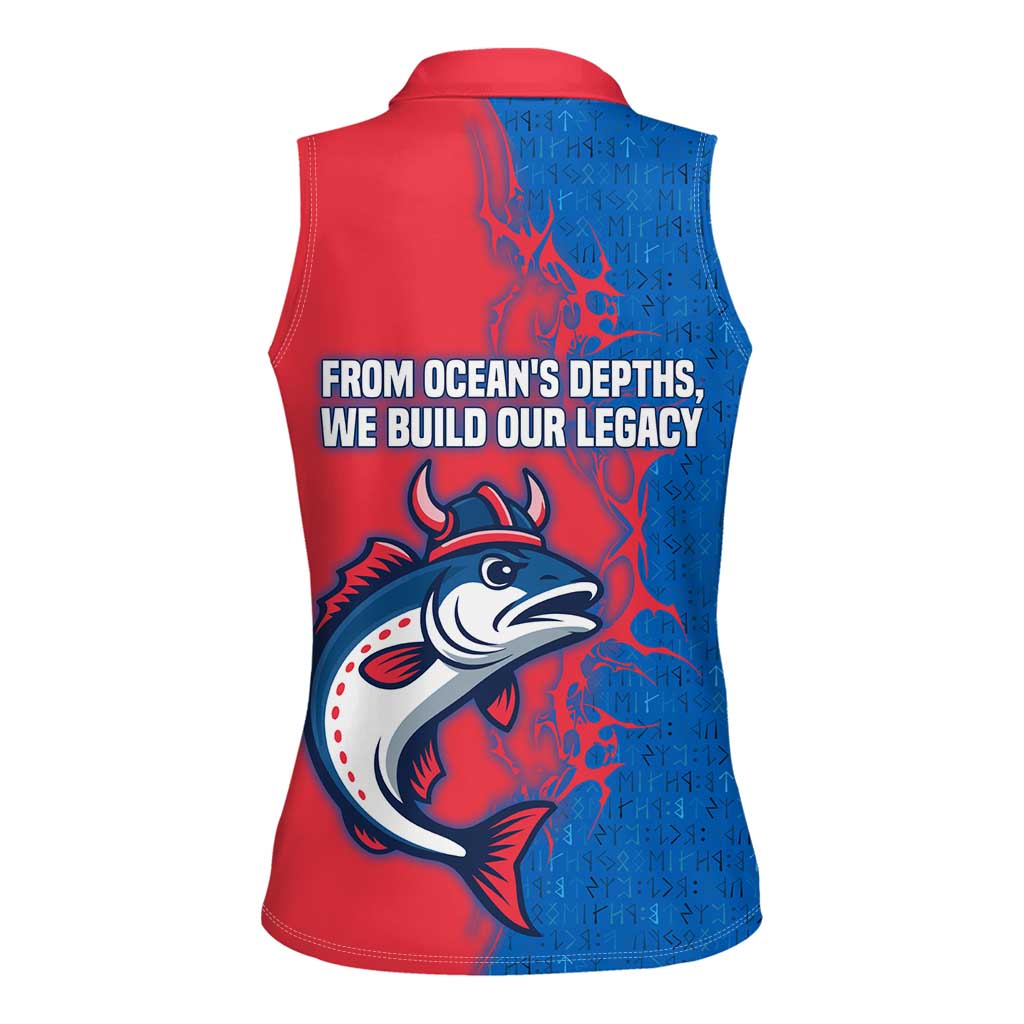 Faroe Islands Women Sleeveless Polo Shirt with Viking Fish Illustration Red Blue Runic Design - Wonder Print Shop