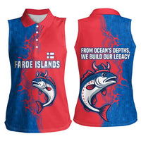 Faroe Islands Women Sleeveless Polo Shirt with Viking Fish Illustration Red Blue Runic Design - Wonder Print Shop
