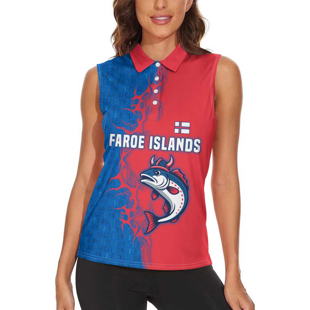 Faroe Islands Women Sleeveless Polo Shirt with Viking Fish Illustration Red Blue Runic Design - Wonder Print Shop