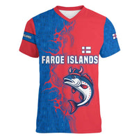 Faroe Islands Women V-Neck T-Shirt with Viking Fish Illustration Red Blue Runic Design - Wonder Print Shop