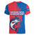 Faroe Islands Women V-Neck T-Shirt with Viking Fish Illustration Red Blue Runic Design - Wonder Print Shop