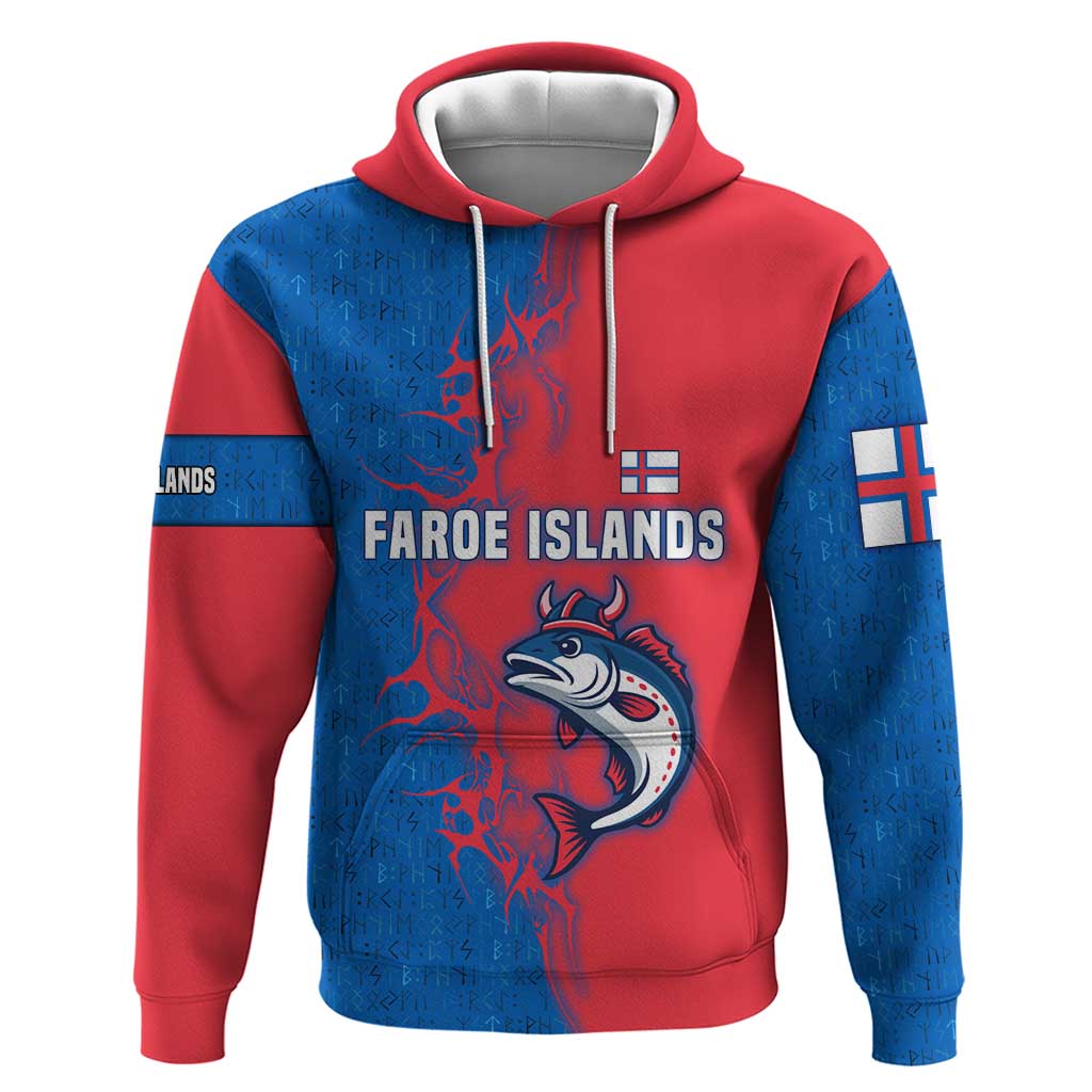 Faroe Islands Zip Hoodie with Viking Fish Illustration Red Blue Runic Design - Wonder Print Shop