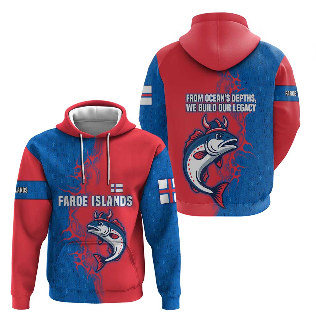 Faroe Islands Zip Hoodie with Viking Fish Illustration Red Blue Runic Design - Wonder Print Shop