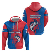 Faroe Islands Zip Hoodie with Viking Fish Illustration Red Blue Runic Design - Wonder Print Shop