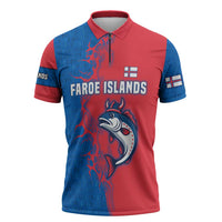 Faroe Islands Zipper Polo Shirt with Viking Fish Illustration Red Blue Runic Design - Wonder Print Shop