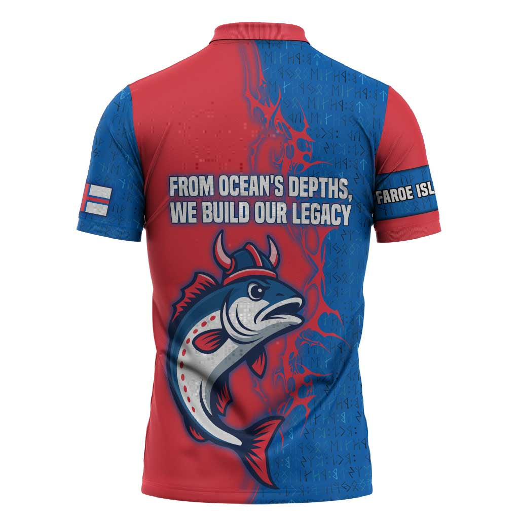 Faroe Islands Zipper Polo Shirt with Viking Fish Illustration Red Blue Runic Design - Wonder Print Shop