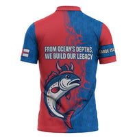 Faroe Islands Zipper Polo Shirt with Viking Fish Illustration Red Blue Runic Design - Wonder Print Shop