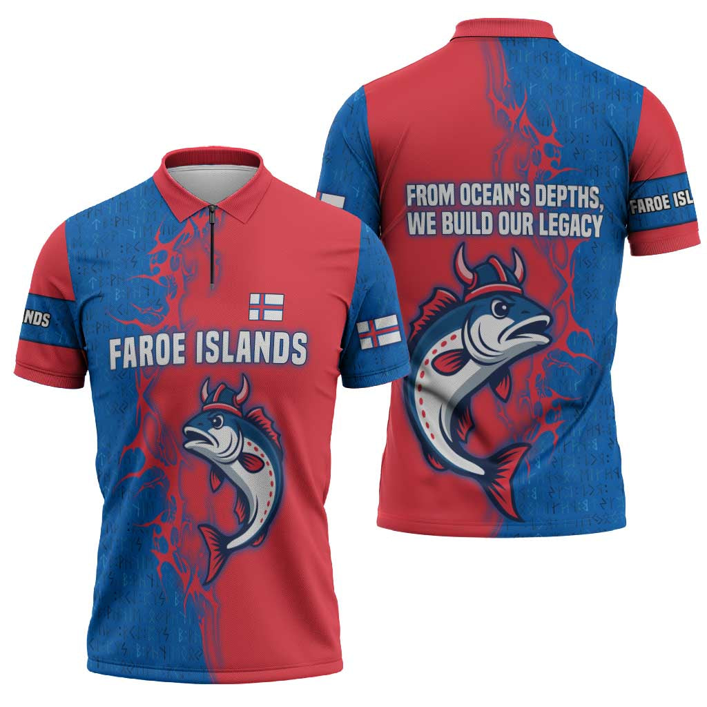 Faroe Islands Zipper Polo Shirt with Viking Fish Illustration Red Blue Runic Design - Wonder Print Shop
