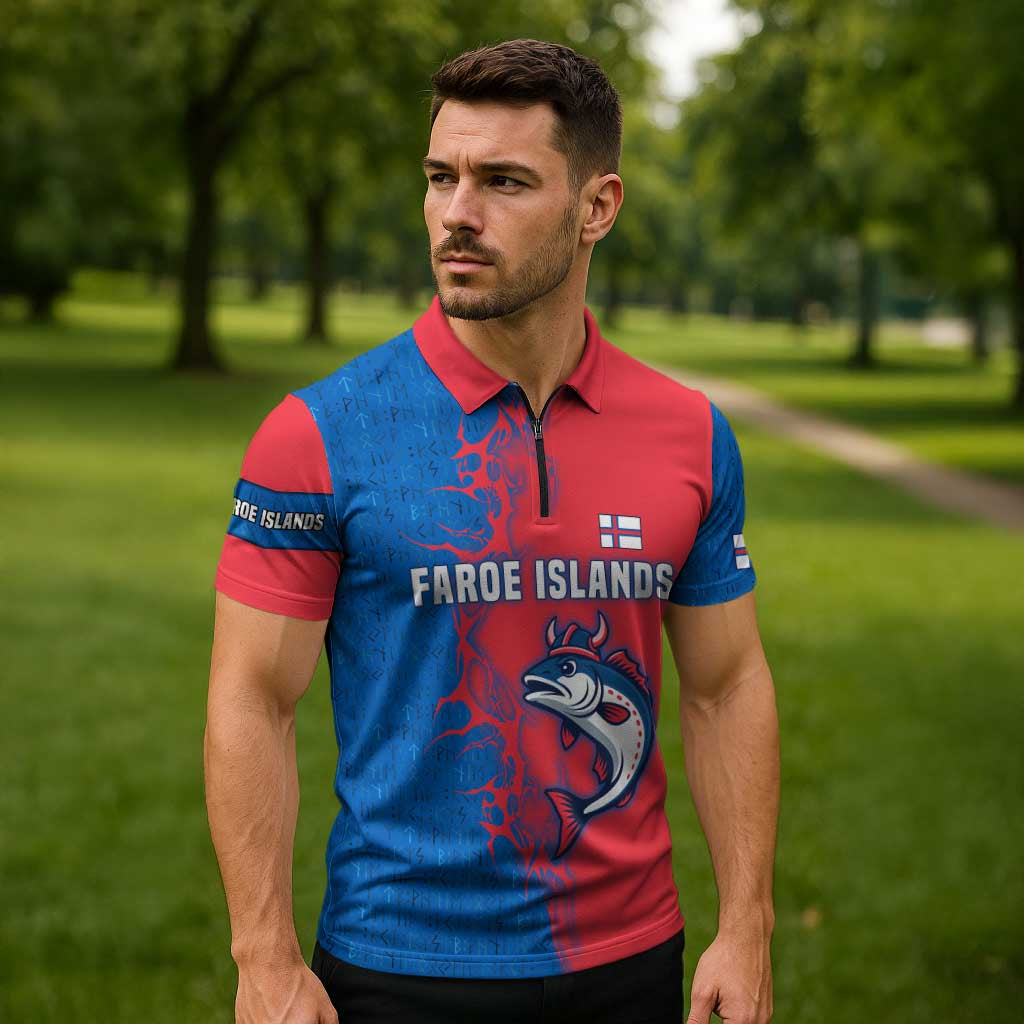 Faroe Islands Zipper Polo Shirt with Viking Fish Illustration Red Blue Runic Design - Wonder Print Shop