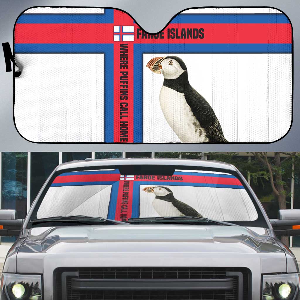 Faroe Islands Auto Sun Shade with Red Blue Cross Design and Puffin Bird - Wonder Print Shop
