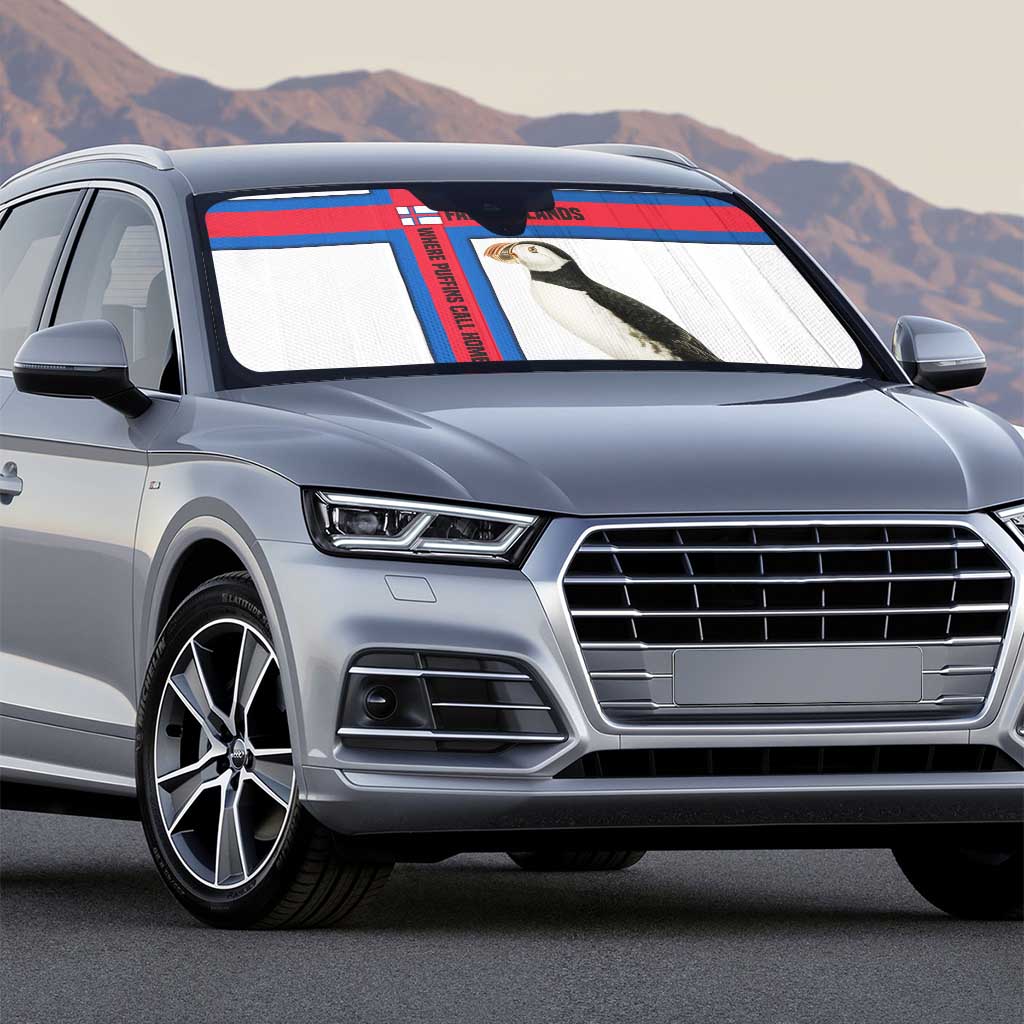 Faroe Islands Auto Sun Shade with Red Blue Cross Design and Puffin Bird - Wonder Print Shop