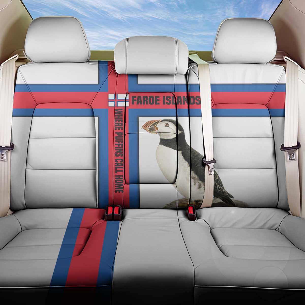 Faroe Islands Back Car Seat Cover with Red Blue Cross Design and Puffin Bird - Wonder Print Shop