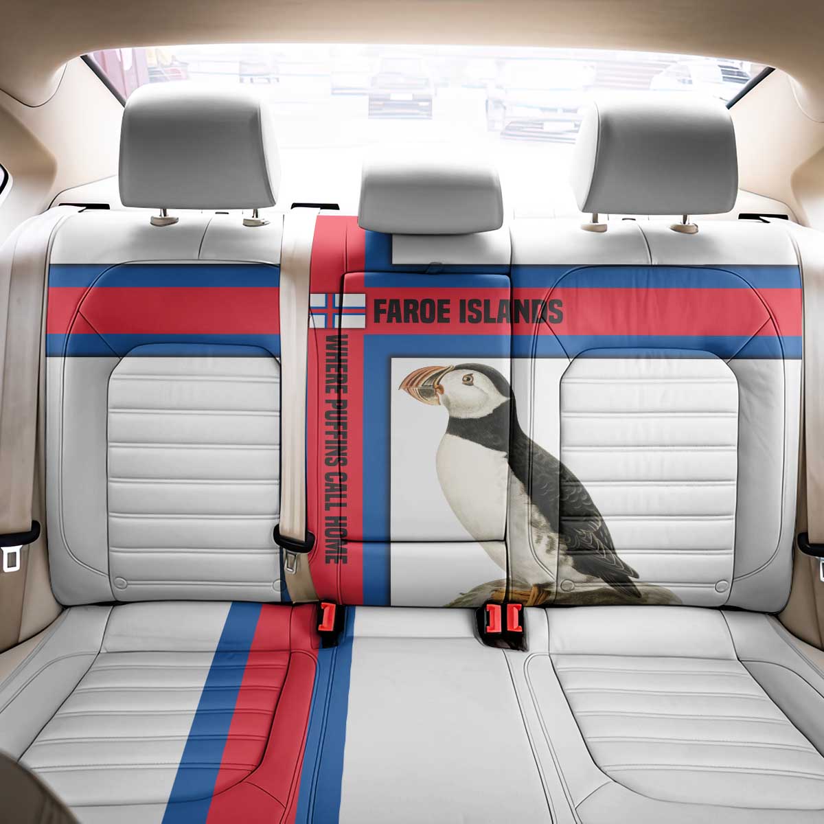 Faroe Islands Back Car Seat Cover with Red Blue Cross Design and Puffin Bird - Wonder Print Shop
