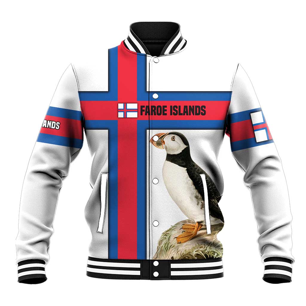 Faroe Islands Baseball Jacket with Red Blue Cross Design and Puffin Bird - Wonder Print Shop