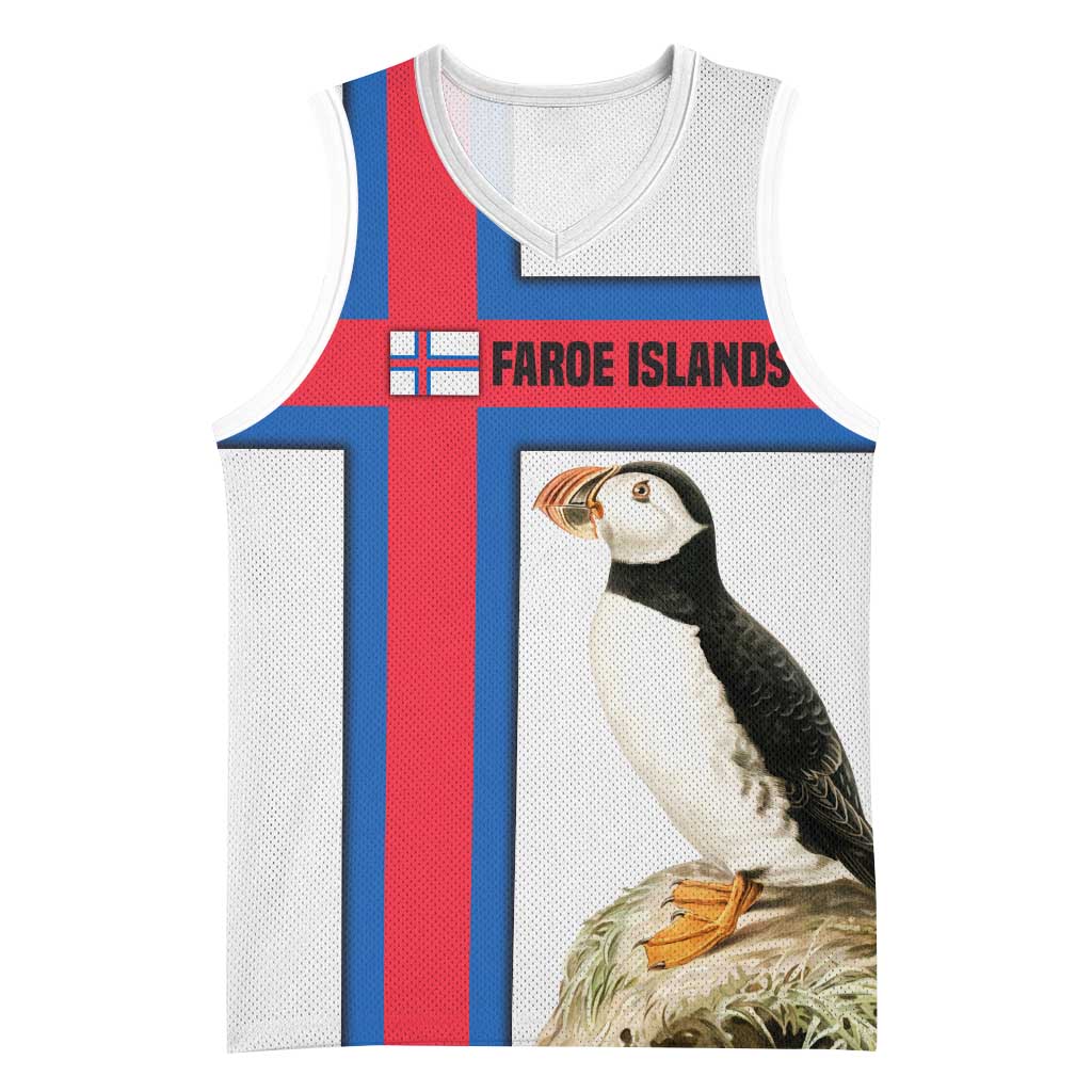 Faroe Islands Basketball Jersey with Red Blue Cross Design and Puffin Bird - Wonder Print Shop