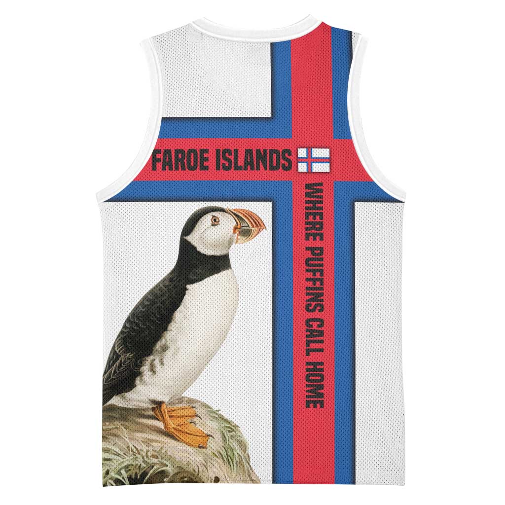 Faroe Islands Basketball Jersey with Red Blue Cross Design and Puffin Bird - Wonder Print Shop