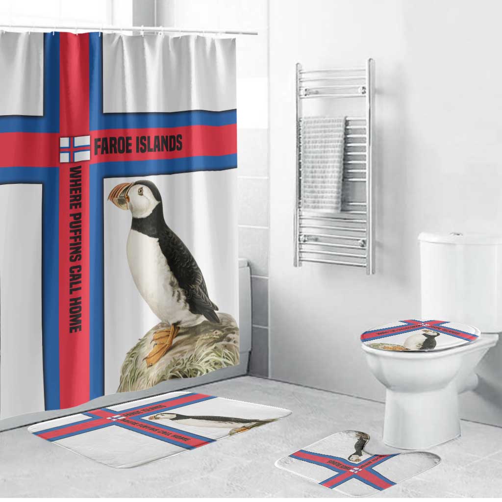 Faroe Islands Bathroom Set with Red Blue Cross Design and Puffin Bird - Wonder Print Shop
