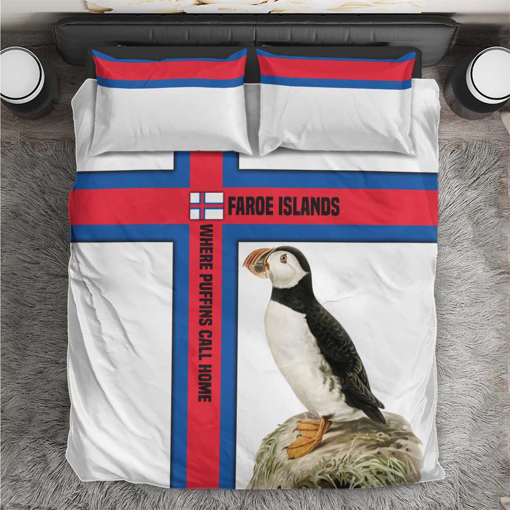 Faroe Islands Bedding Set with Red Blue Cross Design and Puffin Bird - Wonder Print Shop