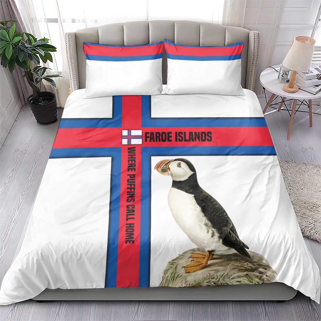 Faroe Islands Bedding Set with Red Blue Cross Design and Puffin Bird - Wonder Print Shop