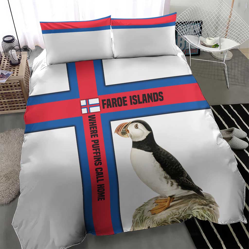 Faroe Islands Bedding Set with Red Blue Cross Design and Puffin Bird - Wonder Print Shop