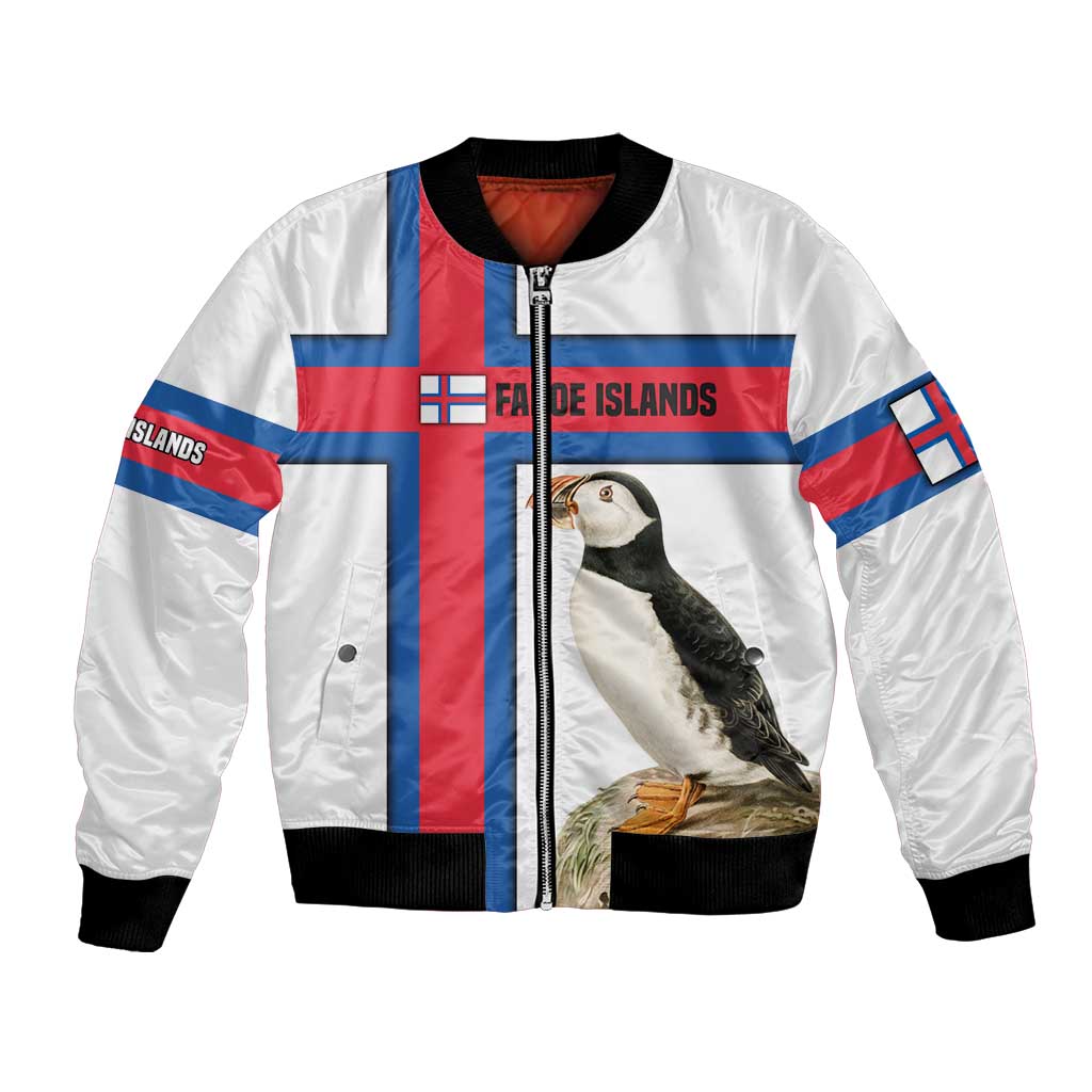 Faroe Islands Bomber Jacket with Red Blue Cross Design and Puffin Bird - Wonder Print Shop