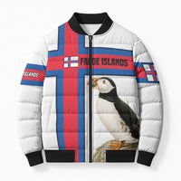 Faroe Islands Bomber Puffer Jacket with Red Blue Cross Design and Puffin Bird - Wonder Print Shop