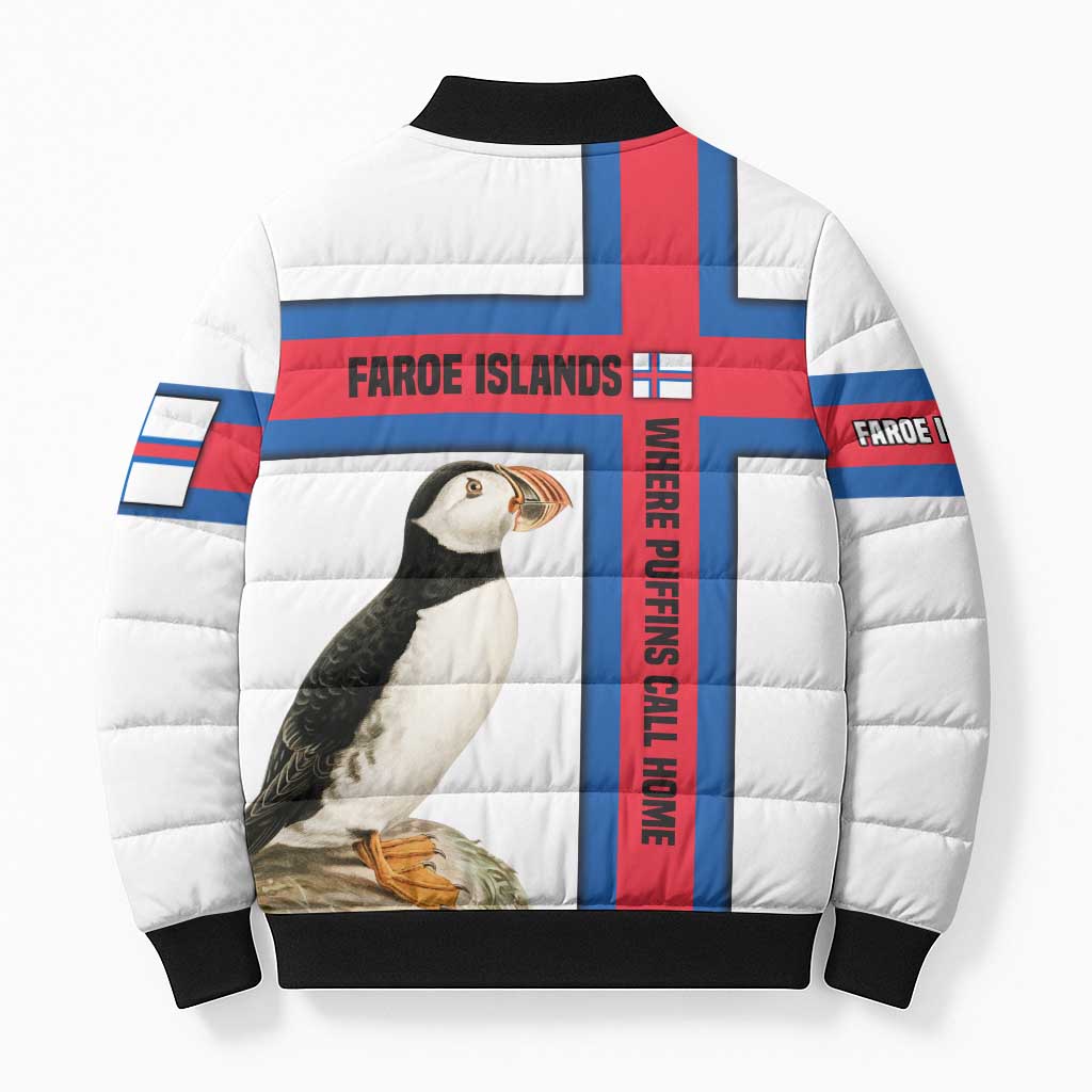 Faroe Islands Bomber Puffer Jacket with Red Blue Cross Design and Puffin Bird - Wonder Print Shop