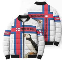 Faroe Islands Bomber Puffer Jacket with Red Blue Cross Design and Puffin Bird - Wonder Print Shop