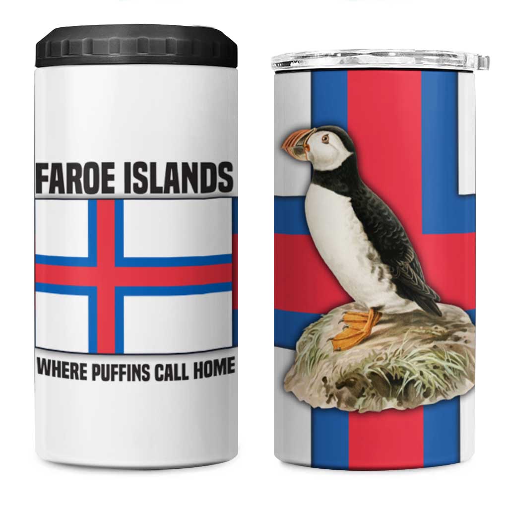Faroe Islands 4 in 1 Can Cooler Tumbler with Red Blue Cross Design and Puffin Bird - Wonder Print Shop
