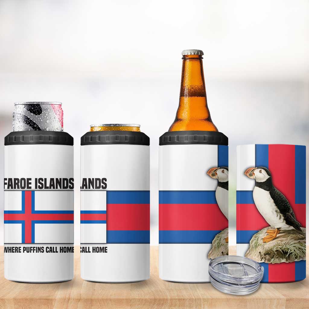 Faroe Islands 4 in 1 Can Cooler Tumbler with Red Blue Cross Design and Puffin Bird - Wonder Print Shop