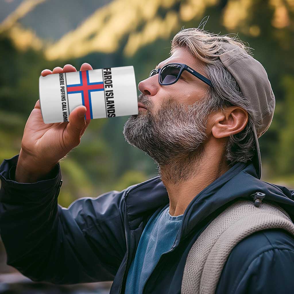 Faroe Islands 4 in 1 Can Cooler Tumbler with Red Blue Cross Design and Puffin Bird - Wonder Print Shop