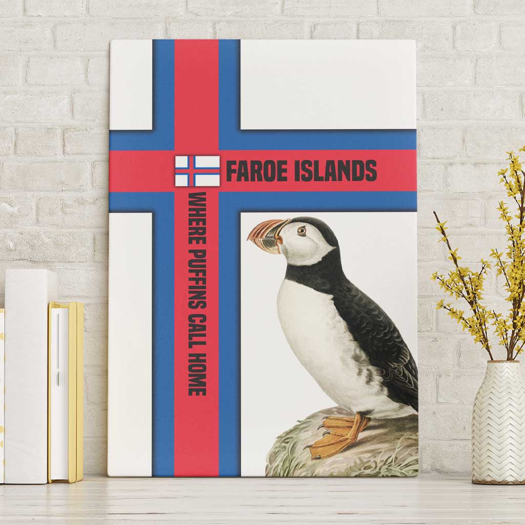 Faroe Islands Canvas Wall Art with Red Blue Cross Design and Puffin Bird - Wonder Print Shop