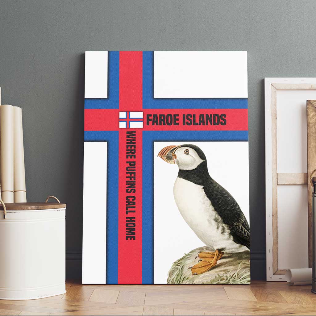 Faroe Islands Canvas Wall Art with Red Blue Cross Design and Puffin Bird - Wonder Print Shop