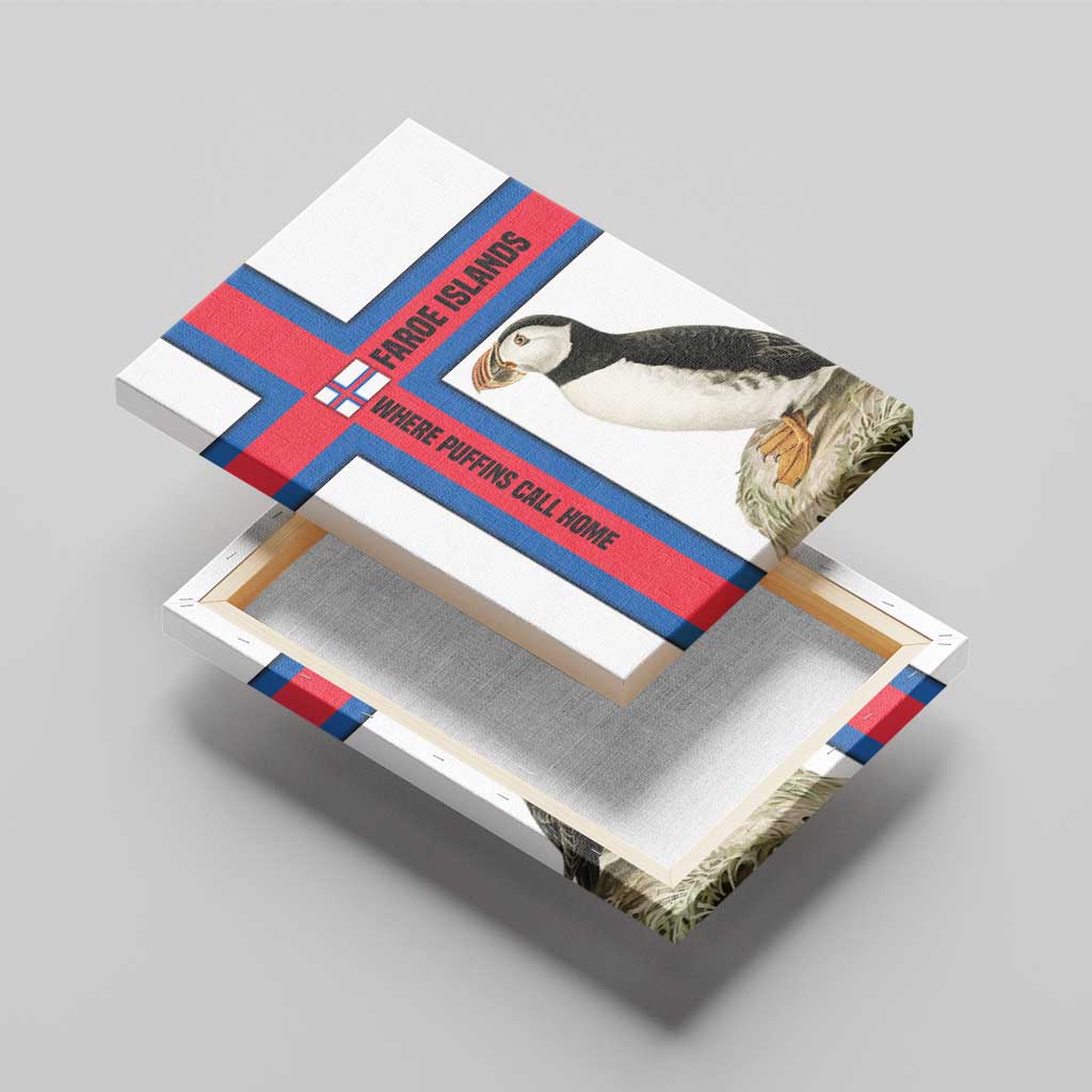 Faroe Islands Canvas Wall Art with Red Blue Cross Design and Puffin Bird - Wonder Print Shop