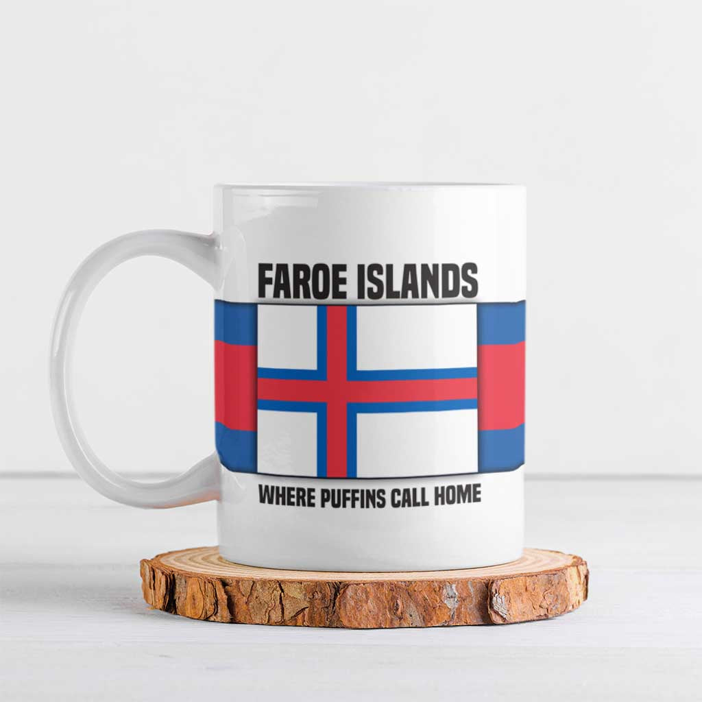 Faroe Islands Ceramic Mug with Red Blue Cross Design and Puffin Bird - Wonder Print Shop