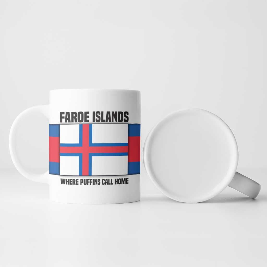Faroe Islands Ceramic Mug with Red Blue Cross Design and Puffin Bird - Wonder Print Shop