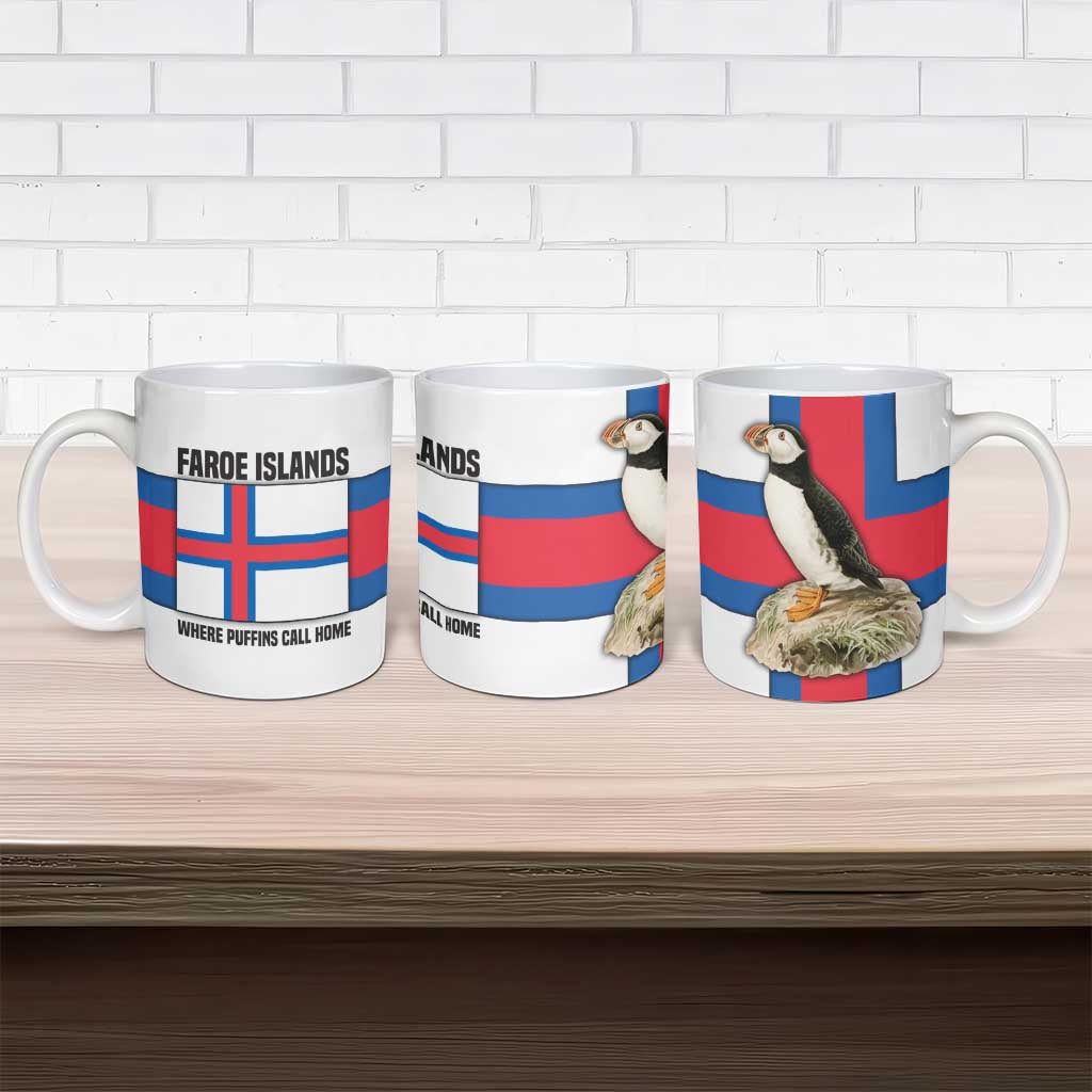 Faroe Islands Ceramic Mug with Red Blue Cross Design and Puffin Bird - Wonder Print Shop