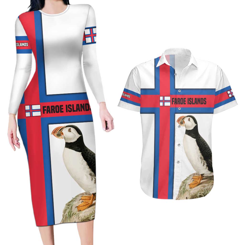 Faroe Islands Couples Matching Long Sleeve Bodycon Dress and Hawaiian Shirt with Red Blue Cross Design and Puffin Bird - Wonder Print Shop