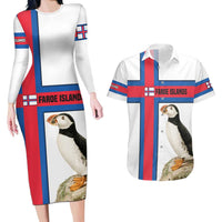 Faroe Islands Couples Matching Long Sleeve Bodycon Dress and Hawaiian Shirt with Red Blue Cross Design and Puffin Bird - Wonder Print Shop