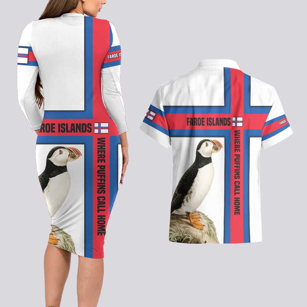 Faroe Islands Couples Matching Long Sleeve Bodycon Dress and Hawaiian Shirt with Red Blue Cross Design and Puffin Bird - Wonder Print Shop