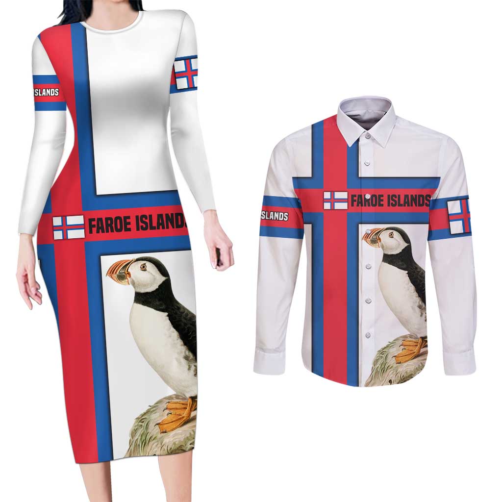 Faroe Islands Couples Matching Long Sleeve Bodycon Dress and Long Sleeve Button Shirt with Red Blue Cross Design and Puffin Bird - Wonder Print Shop