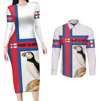 Faroe Islands Couples Matching Long Sleeve Bodycon Dress and Long Sleeve Button Shirt with Red Blue Cross Design and Puffin Bird - Wonder Print Shop