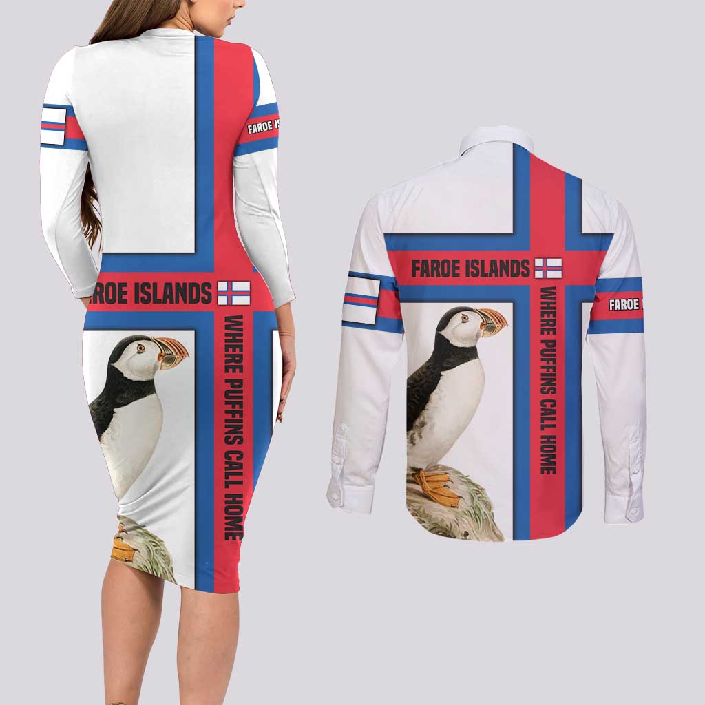 Faroe Islands Couples Matching Long Sleeve Bodycon Dress and Long Sleeve Button Shirt with Red Blue Cross Design and Puffin Bird - Wonder Print Shop