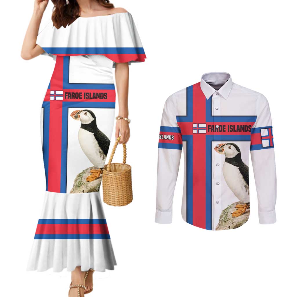 Faroe Islands Couples Matching Mermaid Dress and Long Sleeve Button Shirt with Red Blue Cross Design and Puffin Bird - Wonder Print Shop